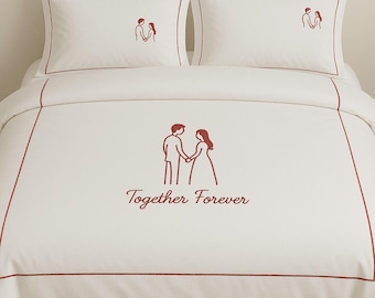 Personalization Couple Embroidery 400 Thread Count Cotton Sateen Hotel Stitch 3 Piece Duvet Cover in Single Border