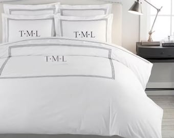 Personalization Monogram 400 Thread Count Cotton Sateen Hotel Stitch 3 Piece Duvet Cover in Triple Embroidery Border