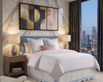 TouchLinen Scalloped+ Double EmbroideryTailored bed skirt, 100% Cotton Luxury Bedroom Decor
