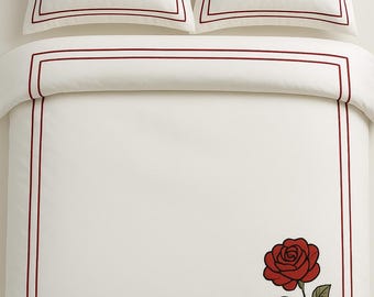 Personalization Rose Embroidery 400 Thread Count Cotton Sateen Hotel Stitch 3 Piece Duvet Cover in Double Border