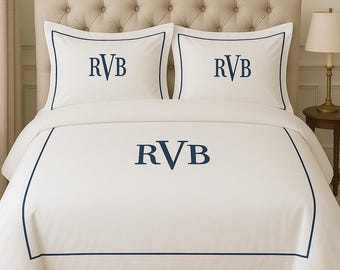 Personalization Monogram 400 Thread Count Cotton Sateen Hotel Stitch 3 Piece Duvet Cover in Single Embroidery Border