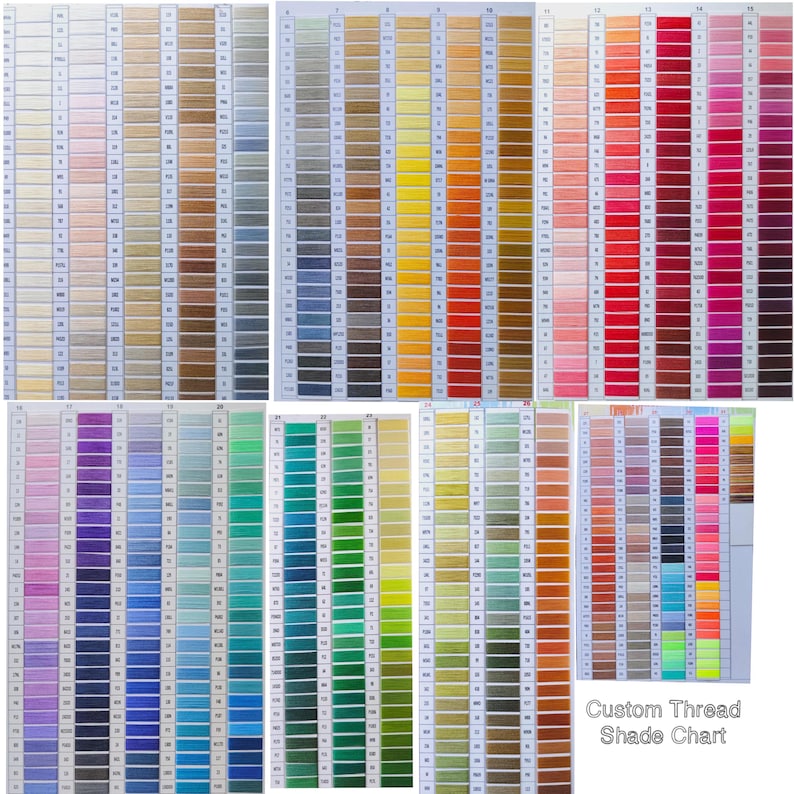 Puede incluir: Una carta de colores de hilo completa que presenta una amplia gama de muestras de hilo de bordar dispuestas en columnas verticales. Cada muestra est&aacute; etiquetada con un c&oacute;digo num&eacute;rico correspondiente. El texto Custom Thread Shade Chart es visible.