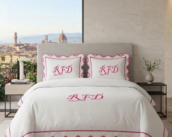 Personalization Monogram 400 Thread Count Cotton Sateen Hotel Stitch 3 Piece Duvet Cover in Scalloped Embroidery Border