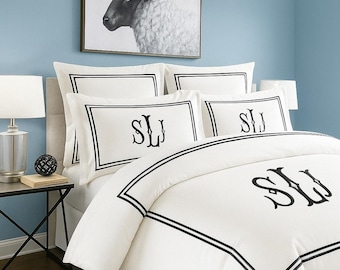 Personalization Monogram 400 Thread Count Cotton Sateen Hotel Stitch 3 Piece Duvet Cover Set in Double Embroidery Border