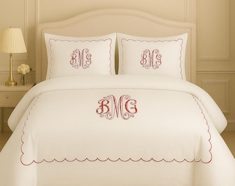 Personalization Monogram 400 Thread Count Cotton Sateen Hotel Stitch 3 Piece Duvet Cover in Ftont Scalloped Embroidery Border