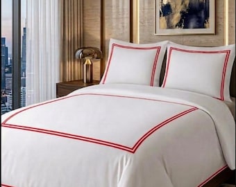 400 Thread Count Cotton Sateen Hotel Stitch 3 Piece Duvet Cover in Double Embroidery Border+edge Border