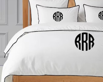 Personalization Monogram 400 Thread Count Cotton Sateen Hotel Stitch 3 Piece Piping Duvet Cover Set