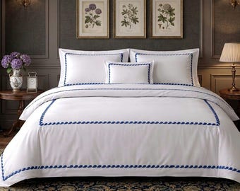 Personalized Drop Edge+Middle Embroidery Design for Classy Bedroom Decor 400 Thread Count Cotton Sateen Hotel Stitch 3 Piece Duvet Cover set