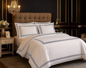400 Thread Count Cotton Sateen Hotel Stitch 3 Piece Duvet Cover Set in Front + Edge Triple Embroidery Border