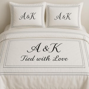 Personalization Couple Monogram Embroidery 400 Thread Count Cotton Sateen Hotel Stitch 3 Piece Duvet Cover in 2 Layer Double Border