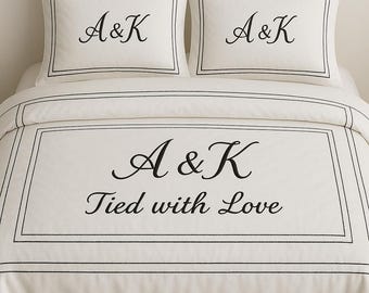 Personalization Couple Monogram Embroidery 400 Thread Count Cotton Sateen Hotel Stitch 3 Piece Duvet Cover in 2 Layer Double Border
