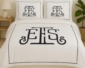 Personalization BIG Monogram 400 Thread Count Cotton Sateen Hotel Stitch 3 Piece Duvet Cover in Single Embroidery Border