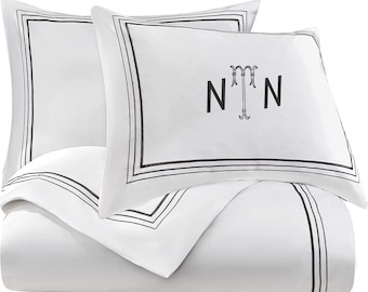 Personalization Monogram 400 Thread Count Cotton Sateen Hotel Stitch 3 Piece Duvet Cover in Mixture Embroidery Border
