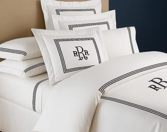 Personalization Monogram 400 Thread Count Cotton Sateen Hotel Stitch 3 Piece Duvet Cover in Front Triple Embroidery Border