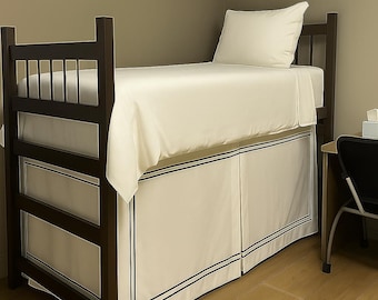 SPLIT Corner Dorm Room Double Embroidery Border Middle Pleated Bed Skirt - Covers the Entire Long Side: Bed Skirt for Raised Dorm Room Beds