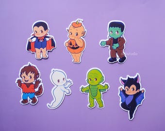 Kewpie Doll Halloween Sticker Pack | Cute Vintage Monster Die Cut Stickers | Spooky Cute Planner, Scrapbook, Journal Stickers