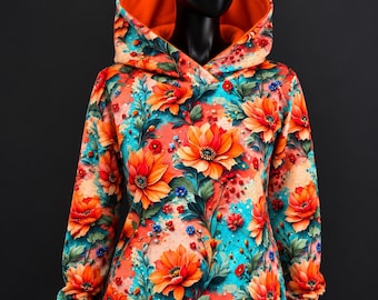 Colorful Floral Hoodie .  Handmade Hoodie L/XL. Colorful Cotton Sweatshirt