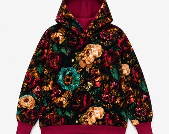 Bloemenhoodie met bloemenprint. Handgemaakte hoodie maat L/XL. Kleurrijk katoenen sweatshirt.