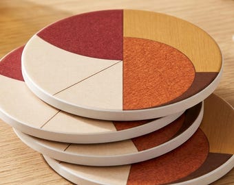 Ceramic Coaster Set Geometric Design Autumn Color Midcentury Modern Home Accessory Kitchen Table Drink Absorbent Stone Beverage Cork Bottom