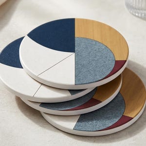 Ceramic Coaster Set Gift Housewarming Idea Winter Color Geometric Midcentury Modern Home Accessory Kitchen Dining Table Protector Absorbent