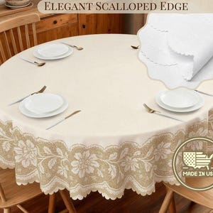Round Floral Tablecloth With Scalloped Edge Lace Printed Detail Design Spill-Proof Elegant Washable Fabric Table Cloth For Dining Table