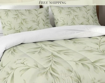 Comforter Set Botanical Sage Green Floral Pistachio Bedding Modern Organic Bed Set with Pillowcase Minimal Neutral Bedroom Decor Soft Green