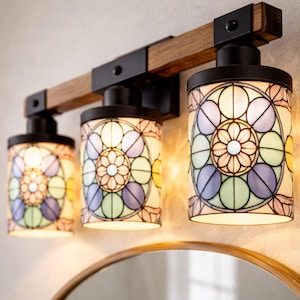 Bathroom Vanity Light Fixture Blue Glass Sconce Wall Lamp Modern Design Metal Frame Iron Construction Three Bulb Bar Over Sink Lighting