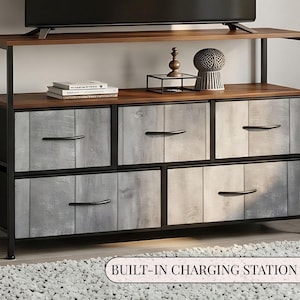 TV Stand Dresser Driftwood Gray Shiplap 5 Drawer Storage Vertical Wood Effect Fabric Drawer Farmhouse Media Console Organizer Charging Port