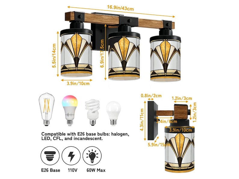 Art Deco Vanity Light Fixture Bathroom Wall Sconce Lighting Above Sink Mirror Vintage Style Gold Black Metal Glass Metal Accent Powder Room image 3