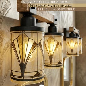 Vintage Style Vanity Lighting Fixture Art Deco Bathroom Wall Sconce Above Sink Mirror Light Gold Black Metal Glass Wood Accent Three Light Bath Fixture Powder Room Lighting Modern Home Upgrade Elegant Statement Piece Luxe Bathroom Essential