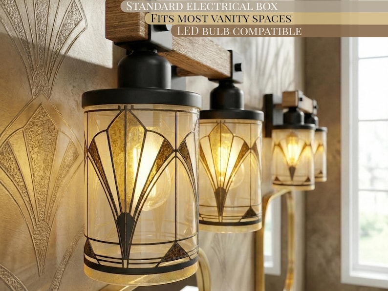 Vintage Style Vanity Lighting Fixture Art Deco Bathroom Wall Sconce Above Sink Mirror Light Gold Black Metal Glass Wood Accent Three Light Bath Fixture Powder Room Lighting Modern Home Upgrade Elegant Statement Piece Luxe Bathroom Essential