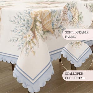 Table Cloth Scalloped Edge Coastal Seashell Rectangular Tablecloth Beach House Table Cover Coastal Cottage Decor Ocean Theme Dining Room