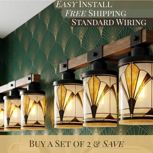 Art Deco Vanity Light Fixture Bathroom Wall Sconce Lighting Above Sink Mirror Vintage Style Gold Black Metal Glass Metal Accent Powder Room