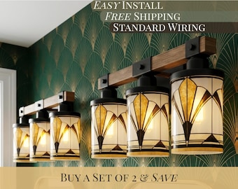 Art Deco Vanity Light Fixture Bathroom Wall Sconce Lighting Above Sink Mirror Vintage Style Gold Black Metal Glass Wood Accent Powder Room