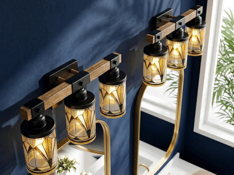 Three Light Vanity Fixture Art Deco Bathroom Wall Sconce Lighting Above Sink Mirror Vintage Style Gold Black Metal Glass Wood Accent Powder Room Home Lighting Modern Bath Fixture Elegant Luxe Statement Warm Ambient Glow Bathroom Upgrade