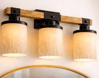 Bathroom Vanity Light Fixture Farmhouse Wall Sconce Metal Glass Floral Design Wildflower Accent Iron Metal Beam Ceramic Three Bulb Sink Area