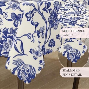 Chinoiserie Decor Tablecloth Rectangle Dining Cloth Blue Floral Scalloped Edge Waterproof Table Protector Farmhouse Kitchen Textile