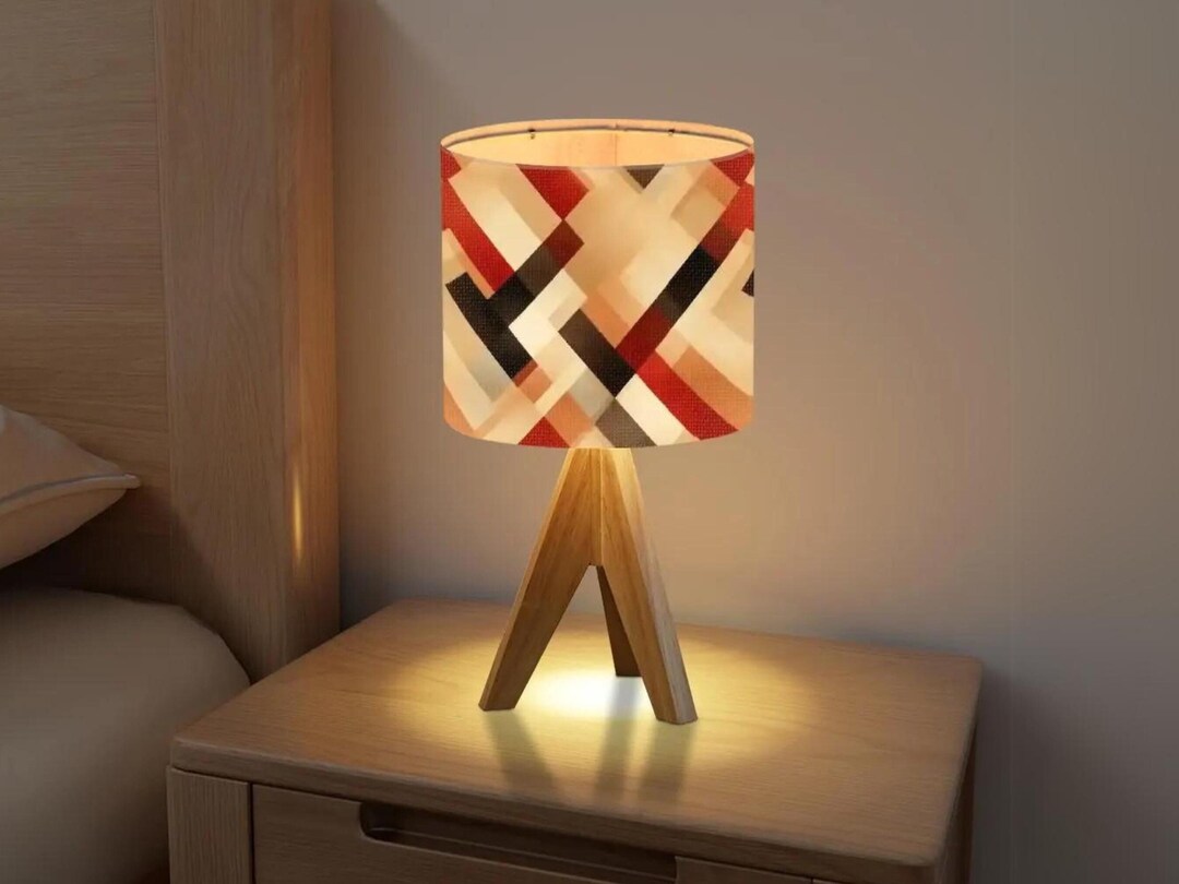 Picture of Tripod Table Lamp Geometric Pattern Minimalist Earth Tone Wood Desk ...