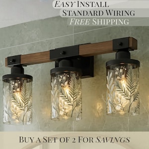 Green Vanity Light Fixture Bathroom Wall Sconce Sage Greenery Botanical Design Metal Glass Shade Lighting Modern Farmhouse Nature Inspired