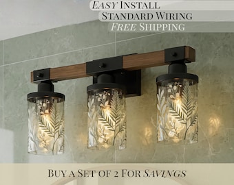 Green Vanity Light Fixture Bathroom Wall Sconce Sage Greenery Botanical Design Metal Glass Shade Lighting Modern Farmhouse Nature Inspired