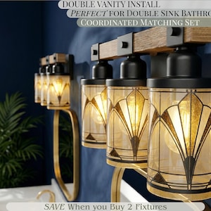 Gold Black Vanity Light Art Deco Bathroom Wall Sconce Fixture Above Sink Mirror Lighting Vintage Style Metal Glass Wood Accent Three Light Bath Fixture Powder Room Home Lighting Elegant Luxe Statement Modern Bathroom Upgrade Warm Ambient
