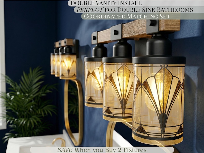 Gold Black Vanity Light Art Deco Bathroom Wall Sconce Fixture Above Sink Mirror Lighting Vintage Style Metal Glass Wood Accent Three Light Bath Fixture Powder Room Home Lighting Elegant Luxe Statement Modern Bathroom Upgrade Warm Ambient