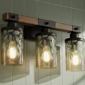 Luxury Bathroom Lighting Botanical Vanity Light Fixture 3-Light Decorative Metal & Glass Restroom Lights Green Leaves Light Over Sink Decor