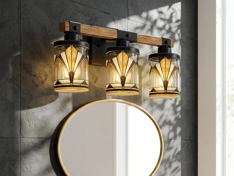 Art Deco Vanity Light Fixture Bathroom Wall Sconce Lighting Above Sink Mirror Vintage Style Gold Black Metal Glass Metal Accent Powder Room image 11