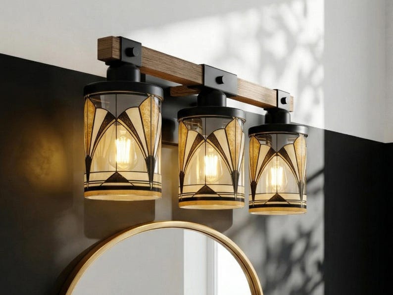Art Deco Vanity Light Fixture Bathroom Wall Sconce Lighting Above Sink Mirror Vintage Style Gold Black Metal Glass Metal Accent Powder Room image 12