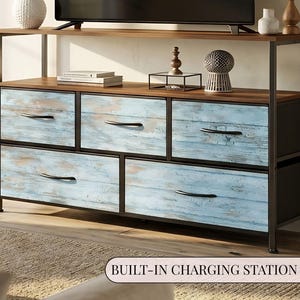 Coastal Blue 5 Drawer TV Stand Dresser Distressed Wood Fabric Storage Farmhouse Bedroom Nursery Media Console Organizer Charging Station