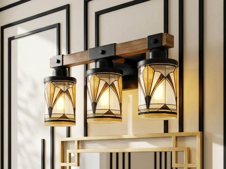 Art Deco Vanity Light Fixture Bathroom Wall Sconce Lighting Above Sink Mirror Vintage Style Gold Black Metal Glass Metal Accent Powder Room image 7