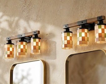 Luxury Bathroom Lighting MCM Vanity Light Fixture 3-Light Decorative Metal & Glass Restroom Light Midcentury Modern Checkers Over Sink Decor