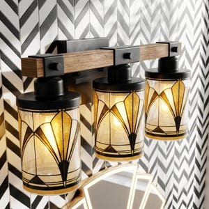 Art Deco Vanity Light Fixture Bathroom Wall Sconce Lighting Above Sink Mirror Vintage Style Gold Black Metal Glass Metal Accent Powder Room image 10