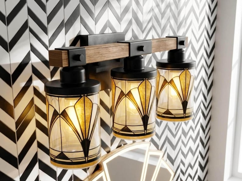 Art Deco Vanity Light Fixture Bathroom Wall Sconce Lighting Above Sink Mirror Vintage Style Gold Black Metal Glass Metal Accent Powder Room image 10